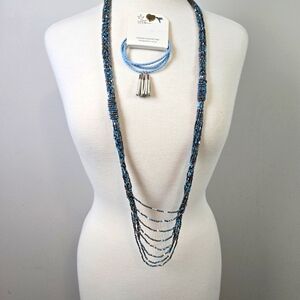 Beaded Turquoise & silver Boho Western necklace & bracelet set